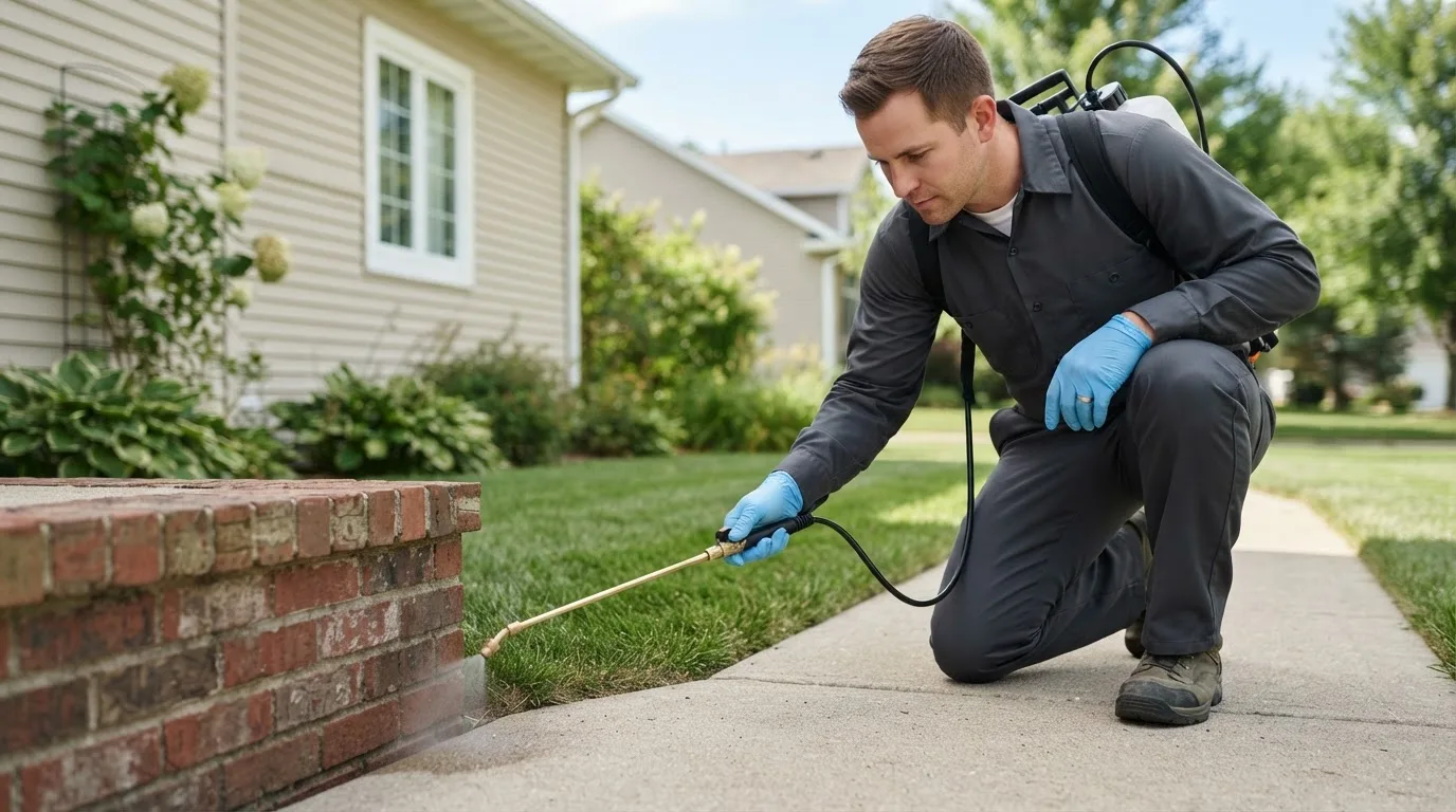 Pest control technician treating a home near West Farmington, ME